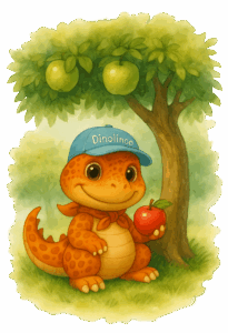 Dinolinoo sitzt unter einem Apfelbaum und hält einen Apfel in der Kralle