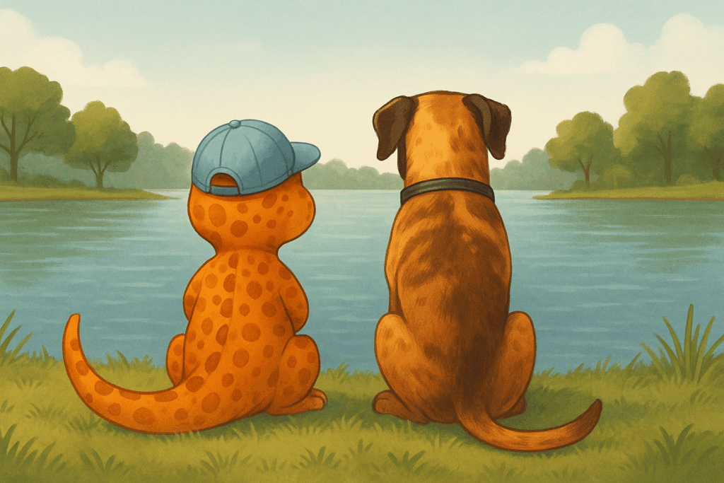 Illustration: Dinolinoo und Bac sitzen zusammen am Wasser und schauen in die Ferne. Eine liebevolle Szene voller Freundschaft.